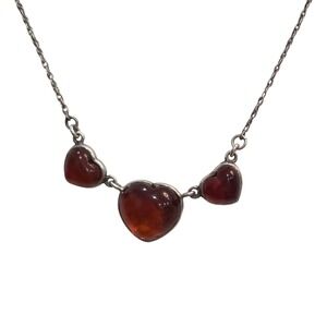 Vintage Amber Hearts Sterling Silver Pendant Necklace Gemstone Chain Sign:SA 825